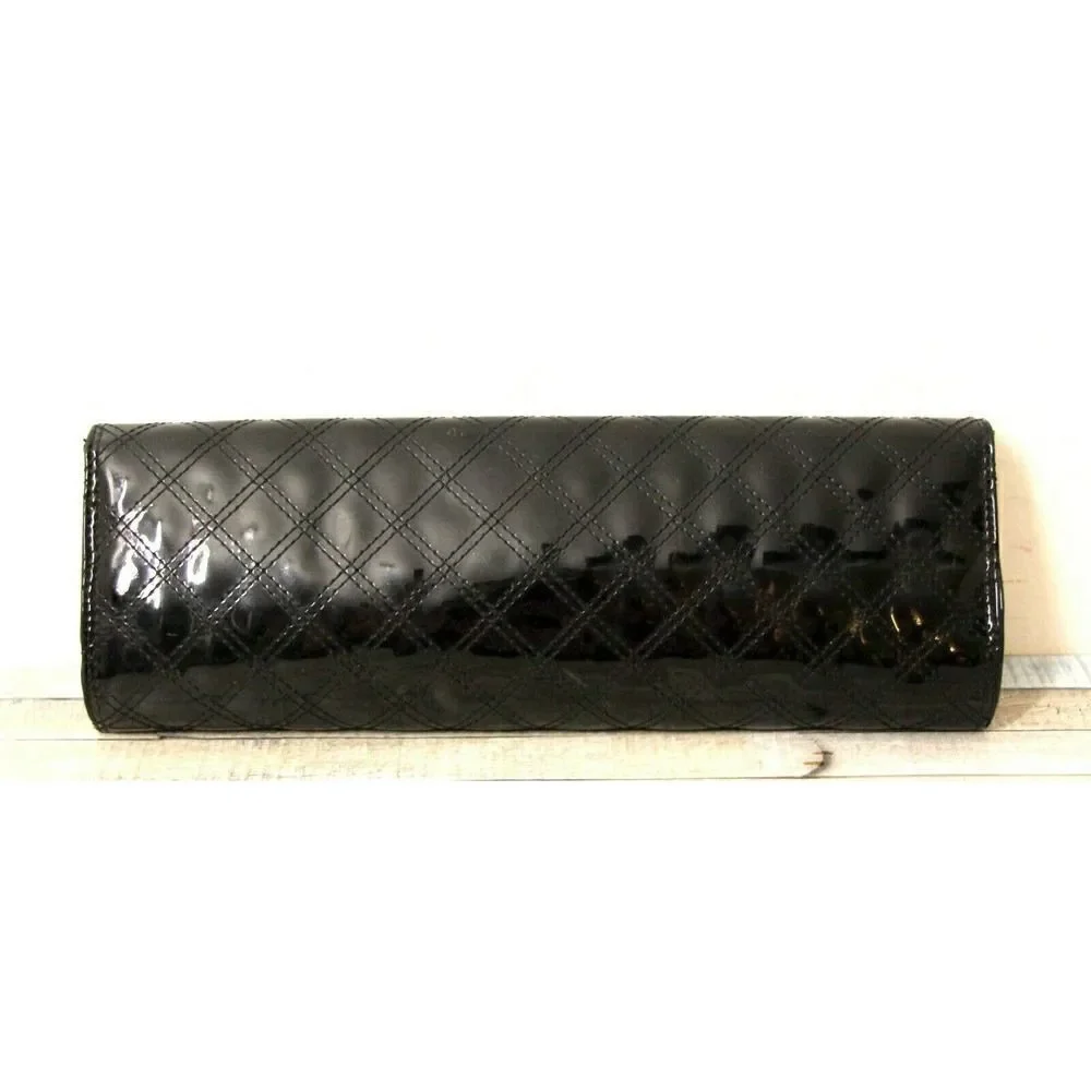 GAP QUILTED GLOSSY BLACK PATENT VEGAN LEATHER PVC FLAP CLUTCH PURSE HANDBAG